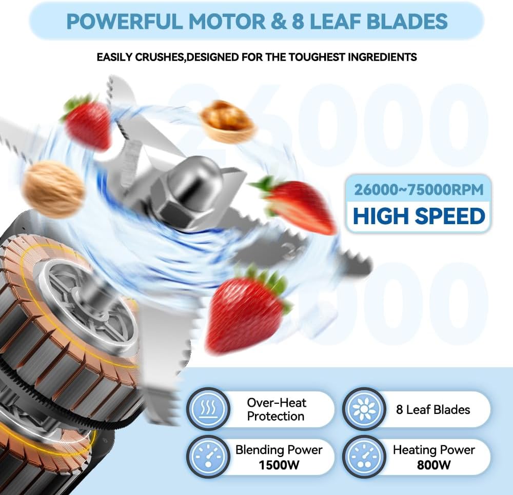 59oz Glass Blenders for Kitchen with Tamper, 1500W High Speed Food Processor, Adjustable P1–P9 Smoothie Maker, Professional Countertop Blender, 14 Presets & Auto Clean for Soups & Sauces