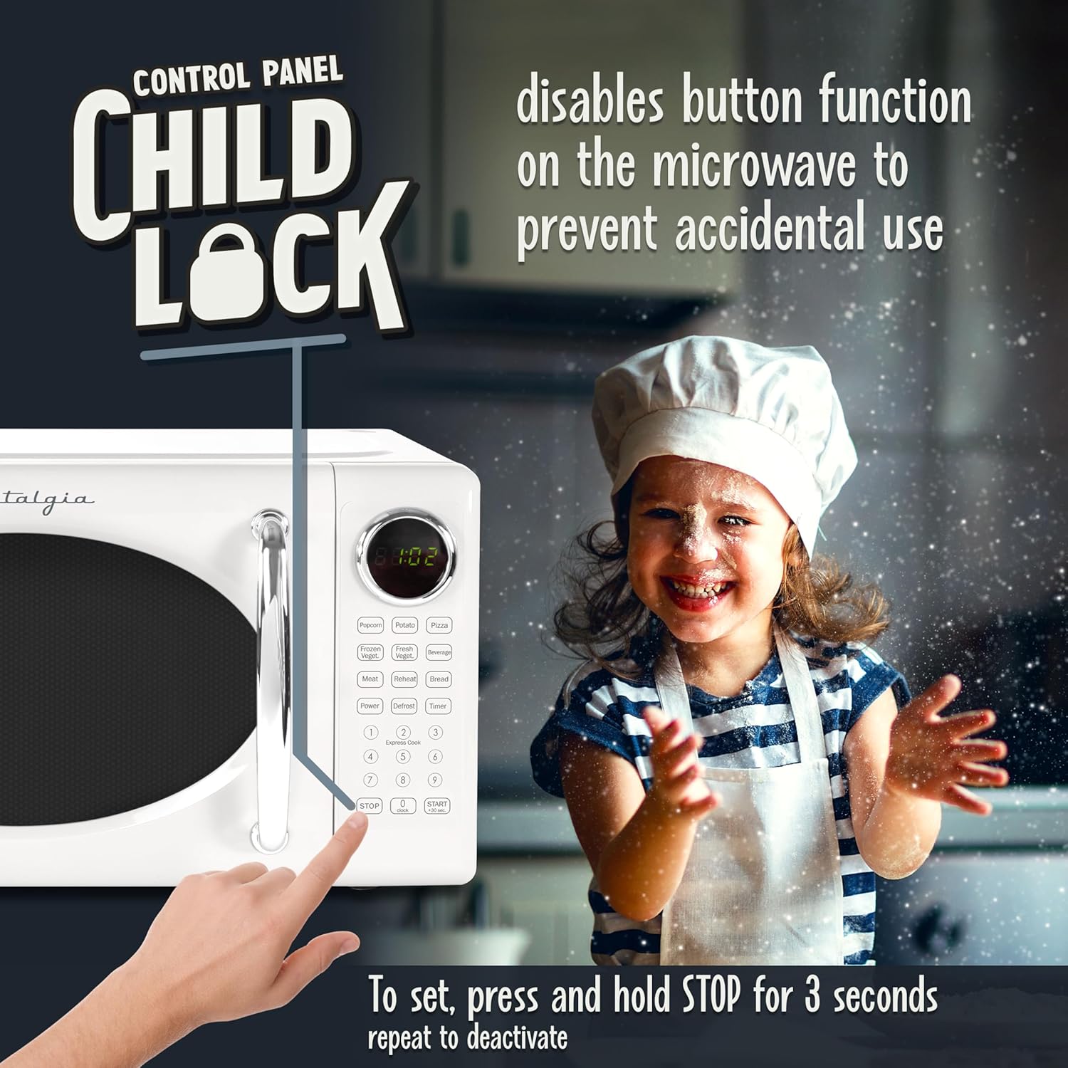 Nostalgia Retro Microwave Oven - 0.7 Cu Ft, 700-Watt Countertop Size with Glass Turntable, Child Safety Lock, 8 Auto-Cook Programs, Digital Clock - White