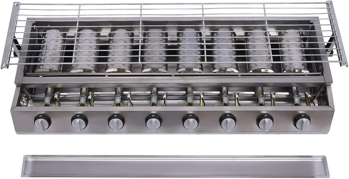 Commercial 8 Burner Gas Countertop Griddle with Smokeless Yakitori Grill, Adjustable Height LPG Propane Indoor Griddle, Removable Grill Net