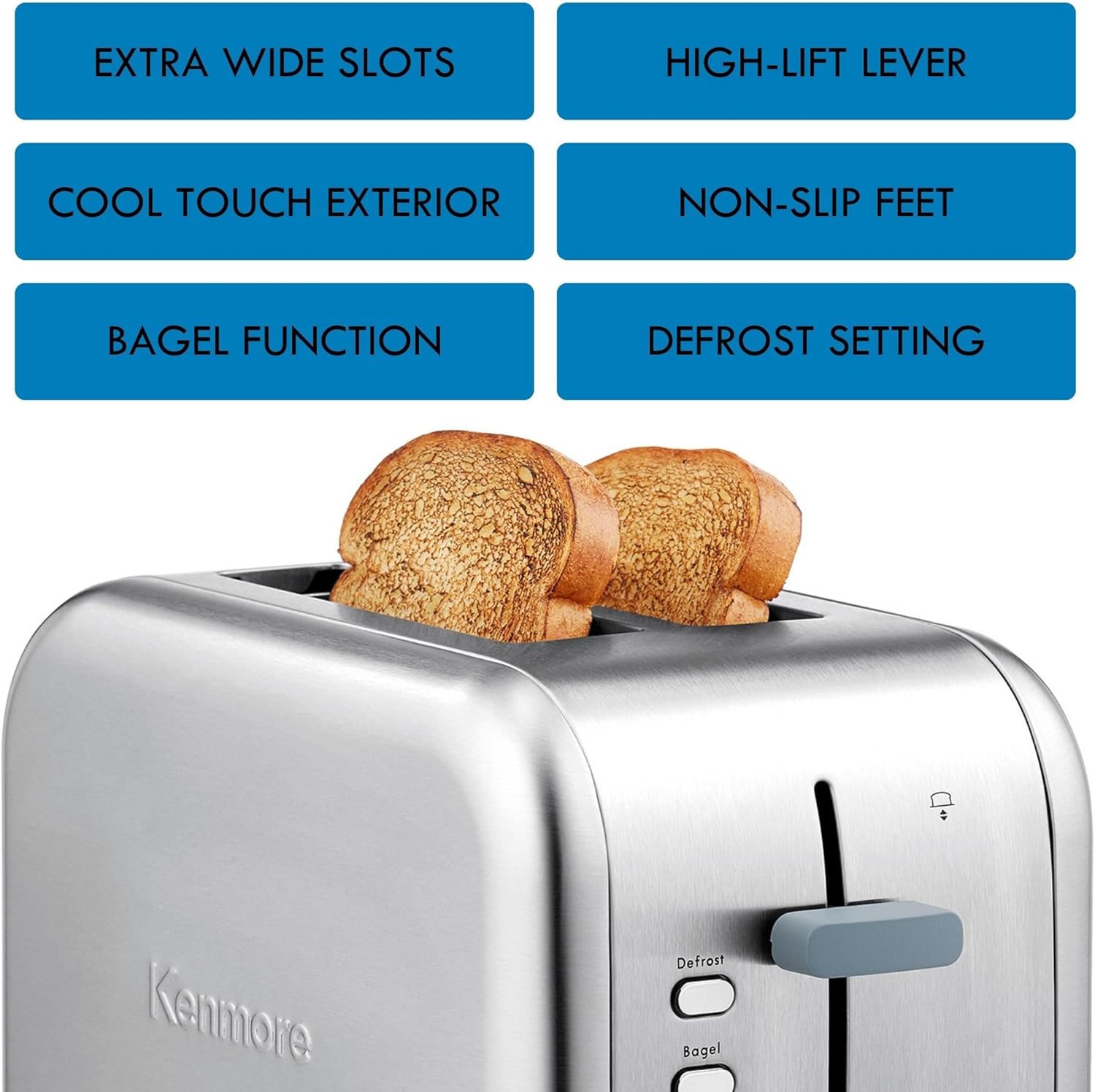 Kenmore toaster 2 slice - extra wide slot countertop kitchen appliance, defrost function, tostador de pan, 9 shade settings, compact design, easy clean crumb tray, bread bagel, stainless steel
