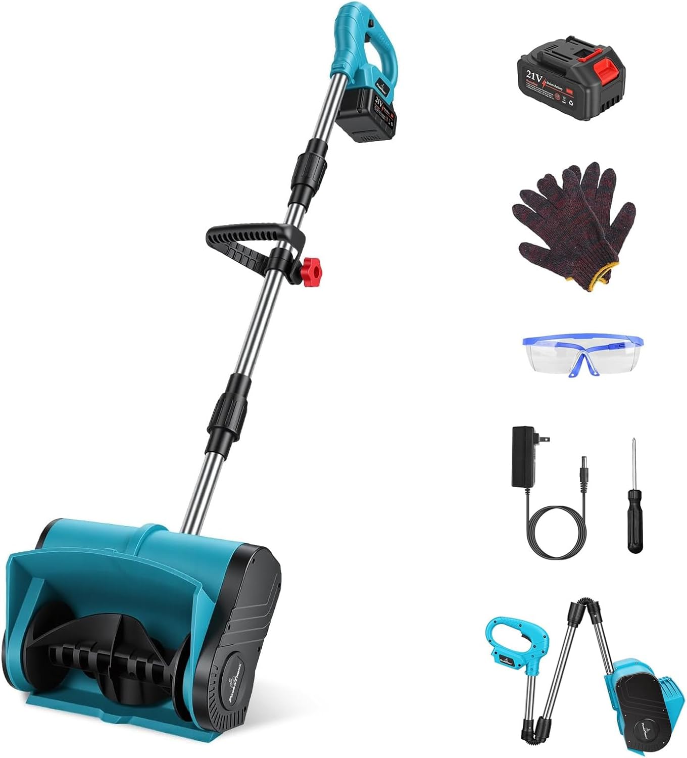 KOCASO 800W 21V 11In Cordless Snow Shovel Foldable Battery Powered Snow Thrower with Rechargeable Battery Gloves Goggles for Patio Driveway