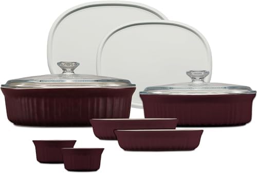 CorningWare Ceramic Bakeware Set with Lids Chip and Crack Resistant Stoneware Baking Dish, Microwave, Dishwasher, Oven, Freezer and Fridge Safe, 10-Piece French Cabernet