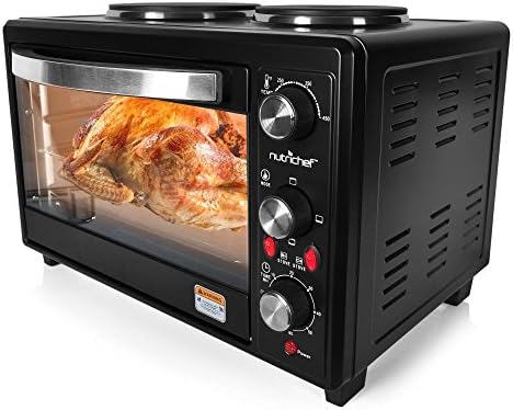Updated Premium Version Multifunction Grill Oven, Dual Hot Plate, Toaster Oven w/Rotisserie, Grill/Griddle Top, Countertop Convection Oven, w/Wire Grill Rack, Baking Tray, Skewers, Tray Handles