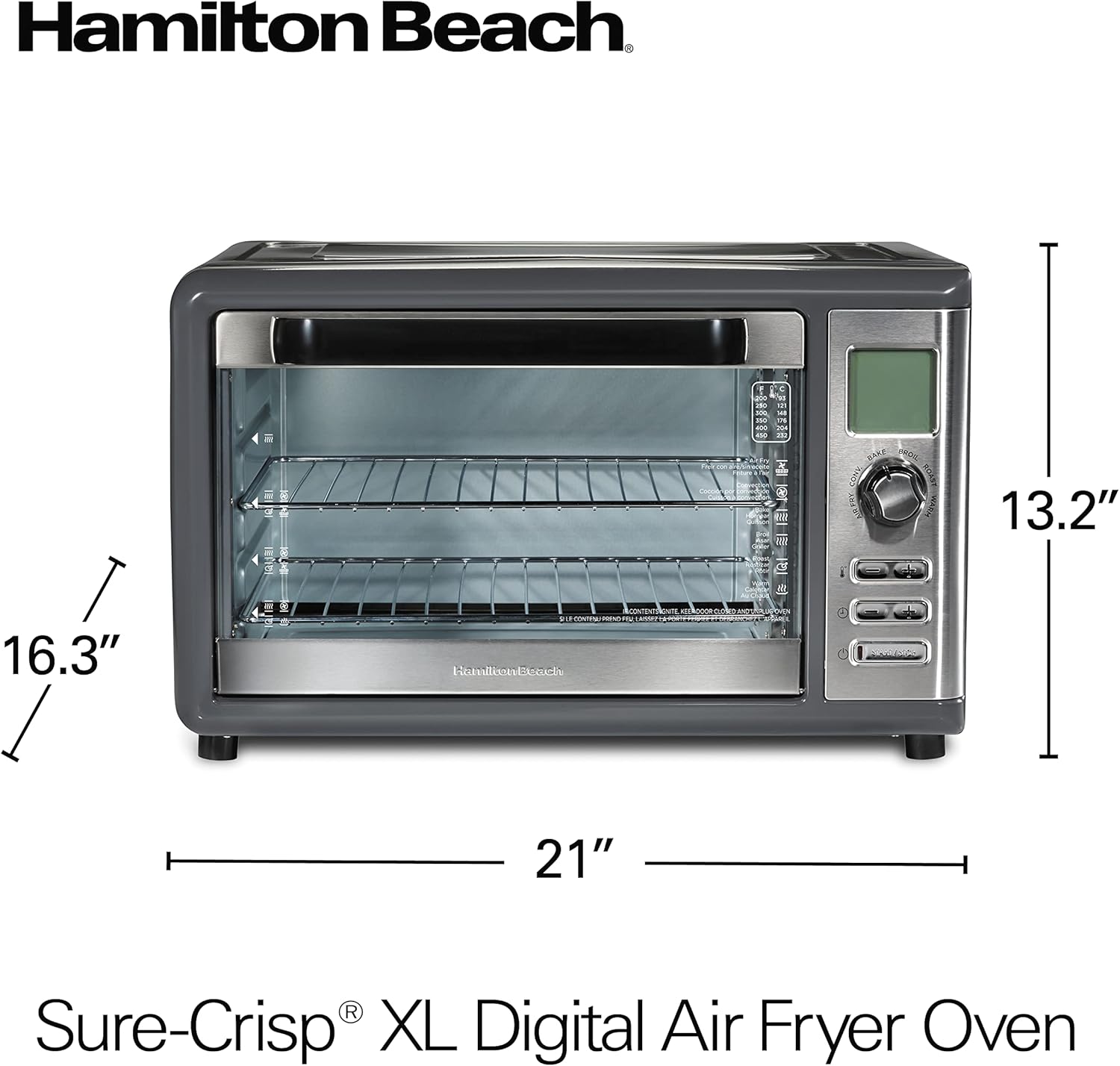 Hamilton Beach Countertop Digital Air Fryer Oven with Sure-Crisp, 6-in-1 Functionality, 150-450⁰F Temp Range, 1800W, XL Capacity for 2 12” Pizzas, Two 9” x 13” Pans and 4 Rack Positions, Grey (31390)