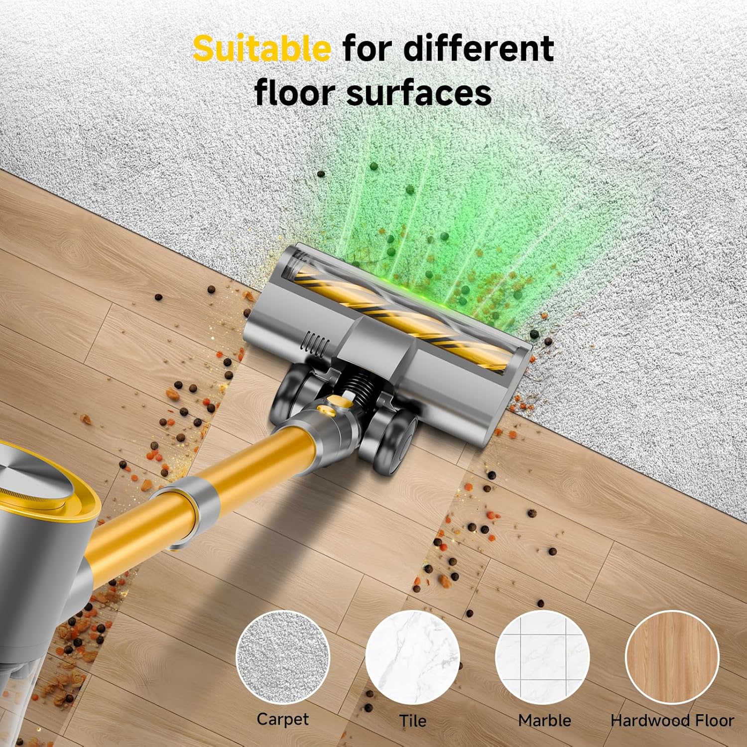 KIKETECH Cordless Vacuum Cleaner with Self-Standing, Lightweight Powerful Suction Vacuum,LED Screen Stick Vacuum Cleaners for Home, for Pet Hair, Carpets, Hardwood Floors (Gold)