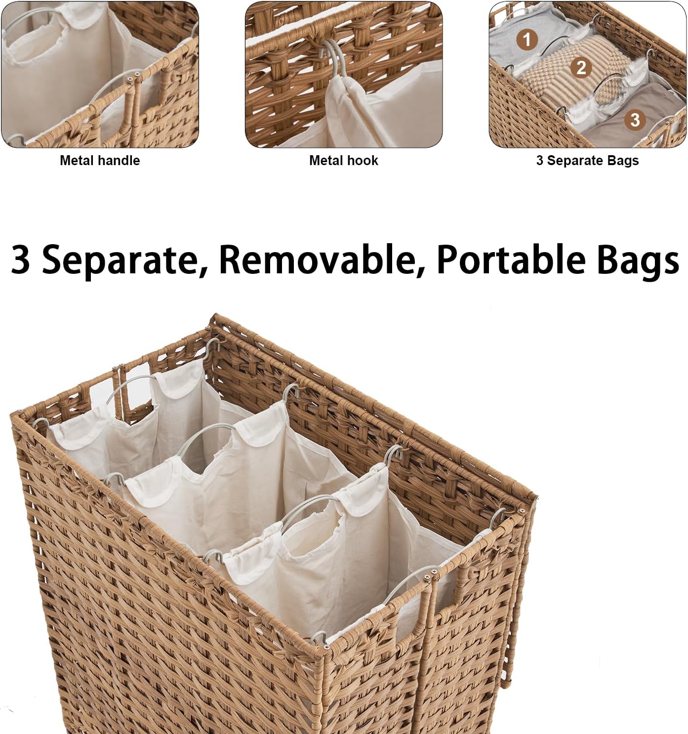 Laundry Hamper with Wheels&Lid, 50.2 Gallons(190L) Rolling Laundry Basket with Wheels, 3-Section Laundry Hamper, Handwoven Rattan Clothes Hamper with 6 Removable Liner& 3 Mesh Laundry Bags, Natural