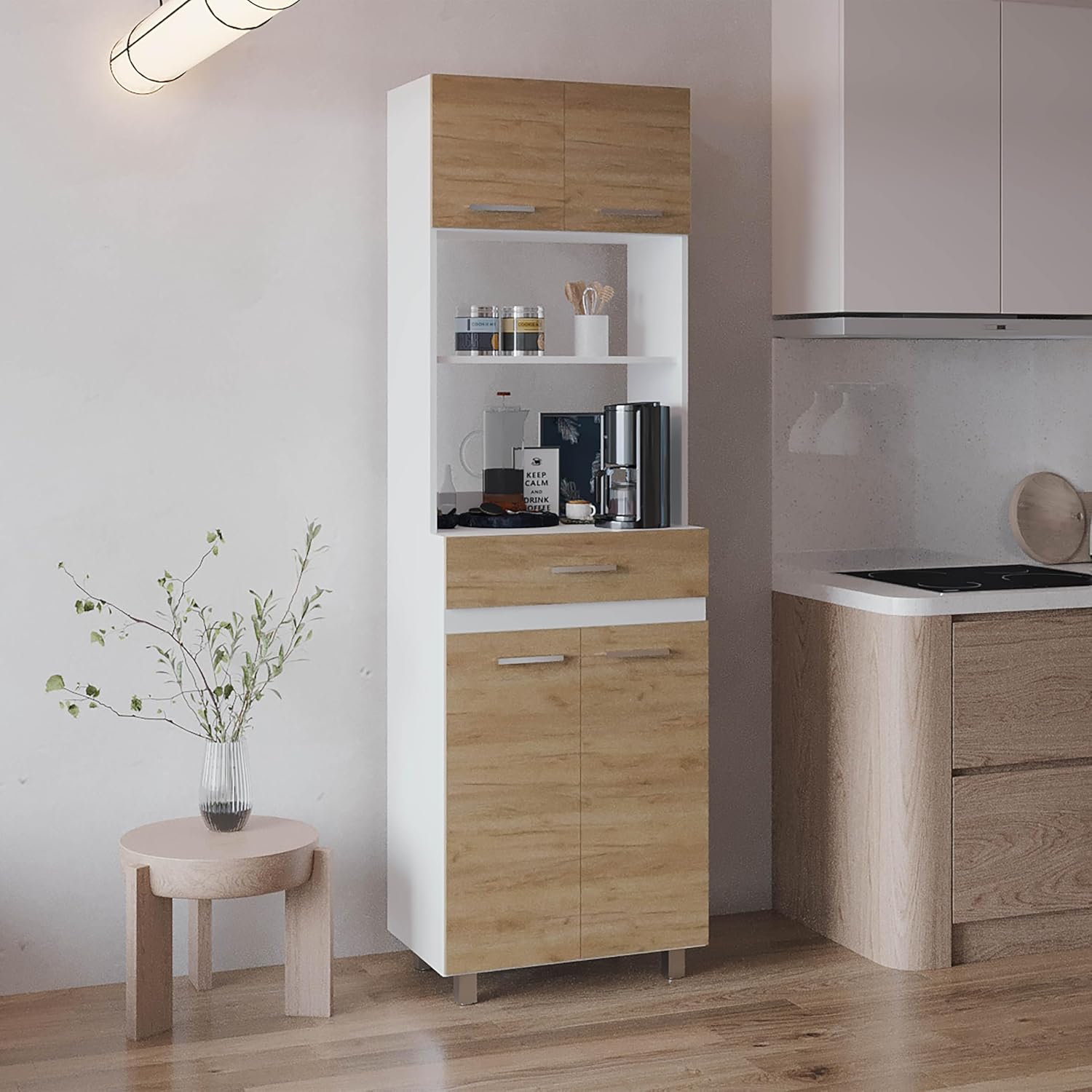 Pantry Cabinet Freestanding Kitchen Storage Unit for Food Dishes Appliances, Two-Tone White/Natural Oak, Dual-Door Tall Space-Saving Design with Flush Doors for Kitchen Laundry
