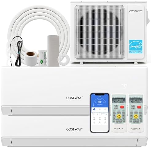 COSTWAY 18k Dual 2 Zone Mini Split Air Conditioner, 22 SEER2 7000 BTU+ 7000 BTU, 208-230V, Wifi Enabled Multi Zones Mini Split AC Heat Pump Full Set, Ductless Energy Star