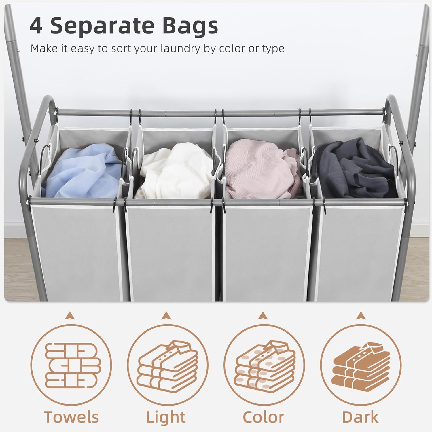 STORAGE MANIAC Laundry Sorter with Hanging Bar, Portable, Removable Laundry Hamper Cart with Heavy Duty Rolling Lockable Wheels and Removable Bags, Rolling Laundry Basket Organizer 181L, 4 Section