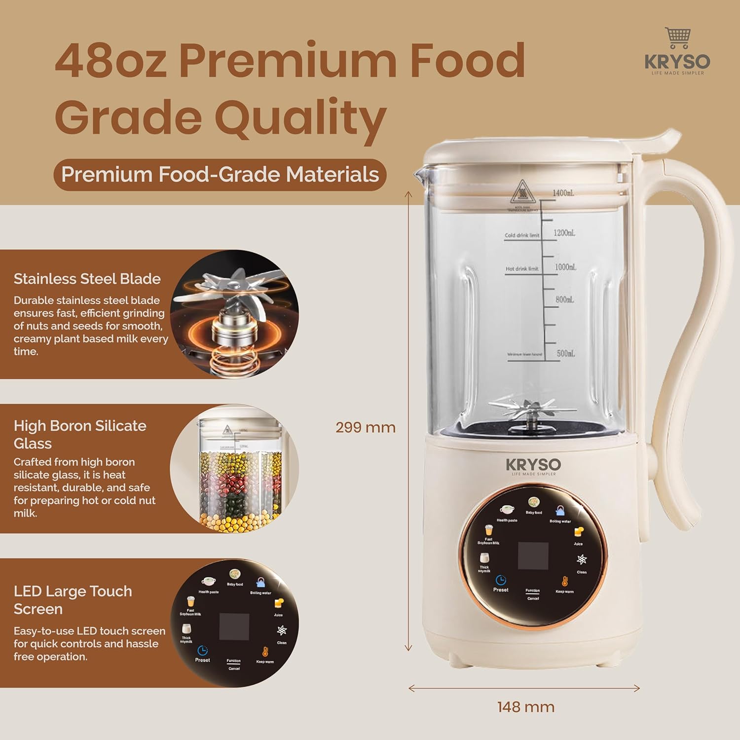 KRYSO 48OZ 8-in-1 Nut Milk Maker Machine, Automatic Kitchen Appliance with Milk Frother | Almond, Soy, Oat & Plant-Based Drinks | Self-Cleaning, Keep Warm, Juice & Soup Maker