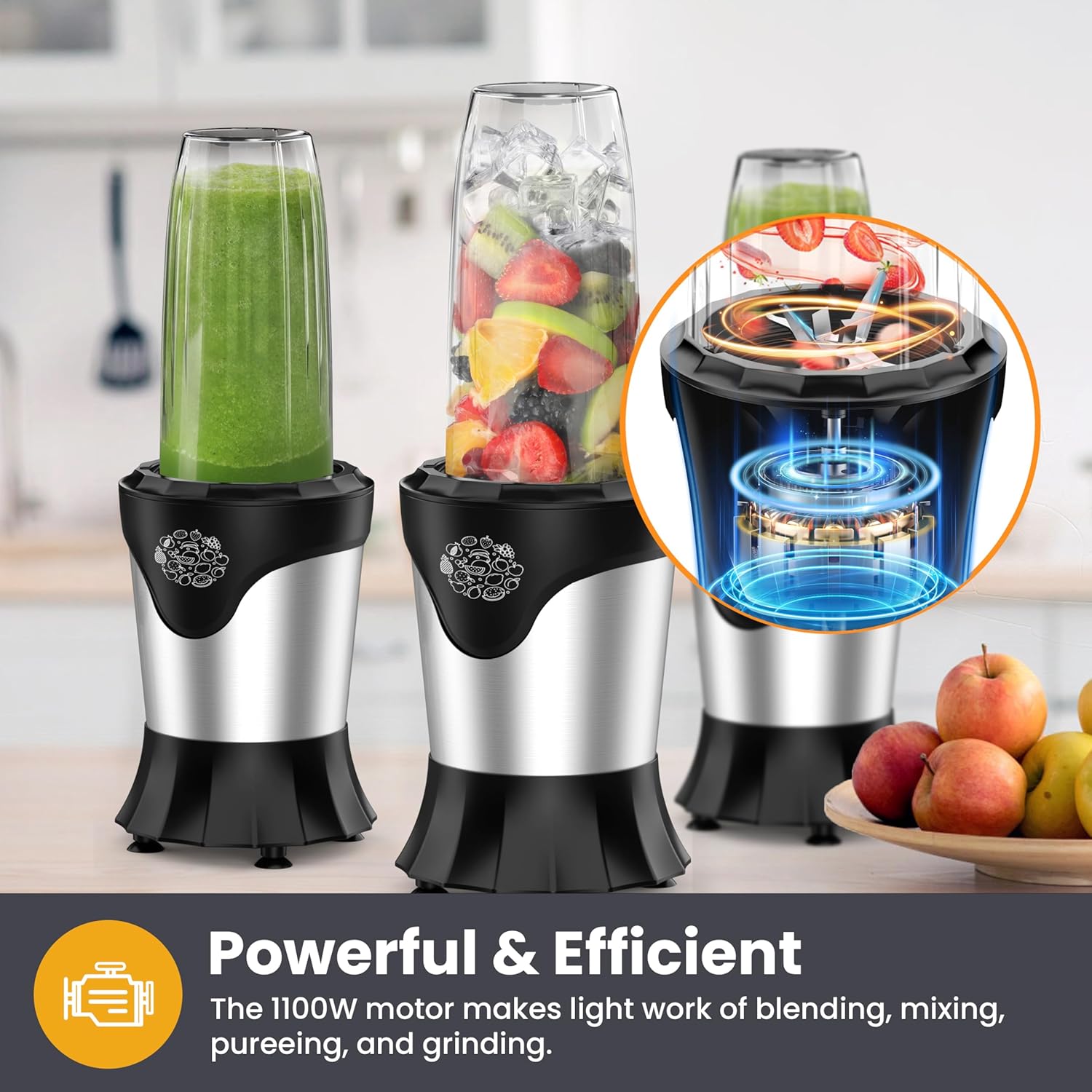 Suavo Smoothie Blender 1100W Portable Personal Blender for Shakes and Smoothies with 2 * 22Oz To-Go Cups & Lids, Includes Portable Coffee Grinder and 10Oz BPA-Free Travel Cup Countertop Mixer