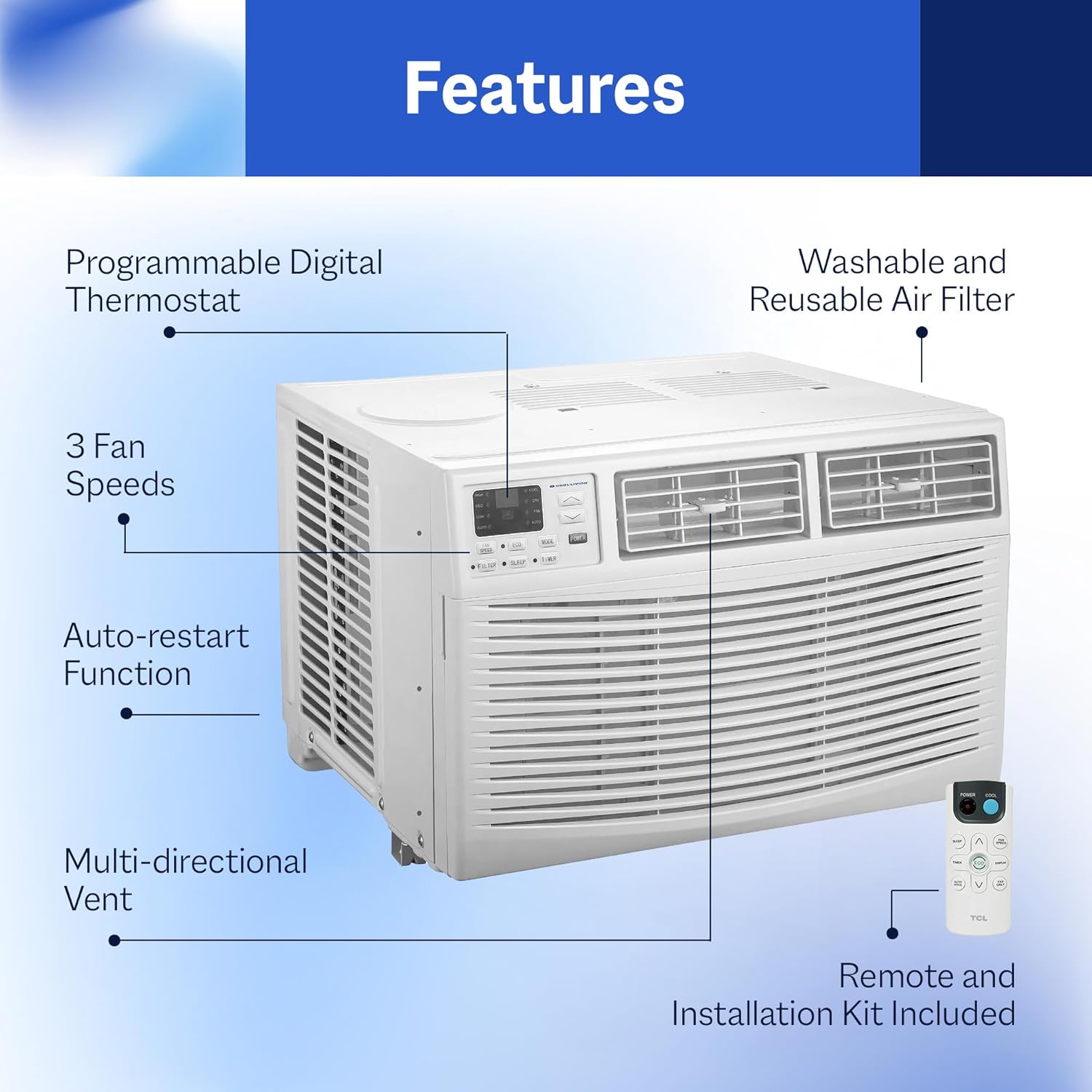 Cool-Living 18,000 BTU Window Mount Room Air Conditioner with Installation Kit and Remote Control, Cools Rooms Up To 1000 Square Feet, White
