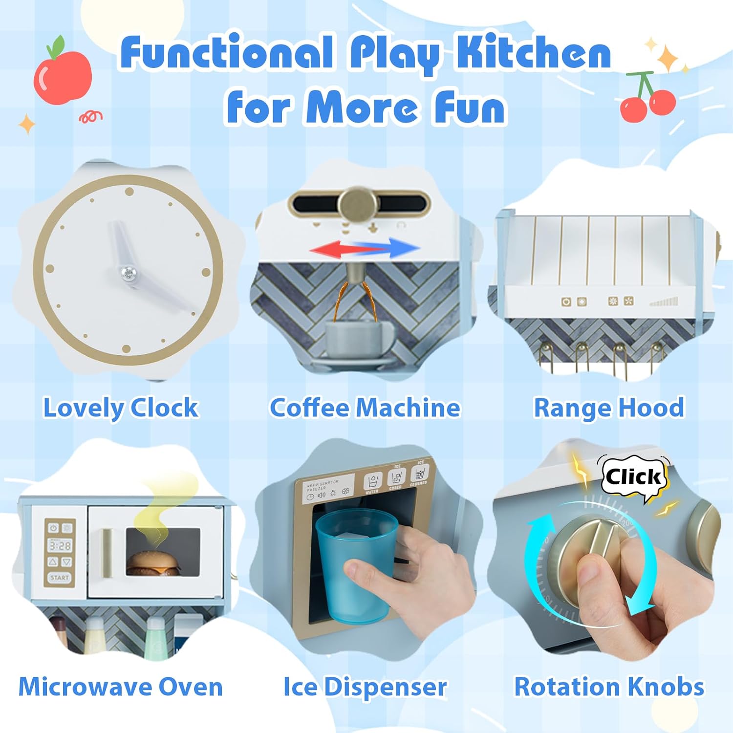 Costzon Kids Kitchen Playset, Toddler Pretend Cooking Playset w/Stoves, Faucet, Sink, Coffee Machine, Range Hood, Microwave Oven & Ice Dispenser, Wooden Chef Play Kitchen for Kids Aged 3+ (Blue)