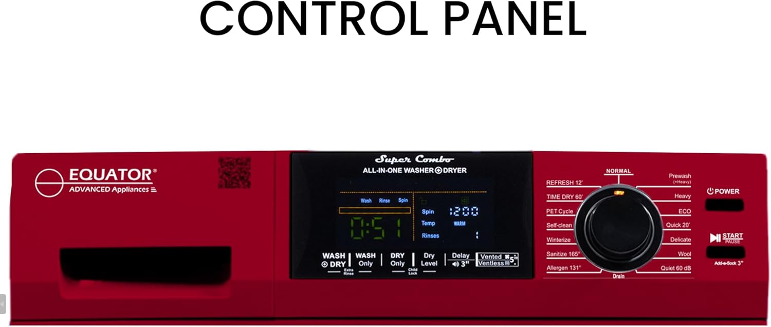 Equator All-in-One Washer Dryer VENTLESS/VENTED PET cycle 1.62cf/15lbs+Portability Kit in White (MERLOT)