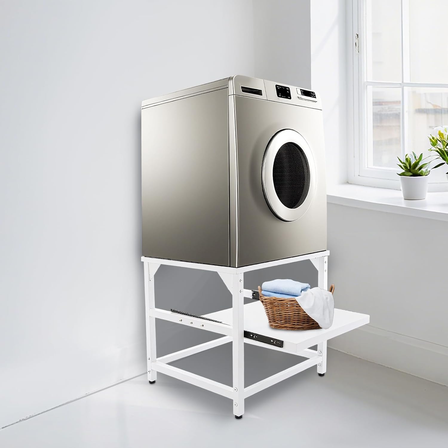 Washer and Dryer Pedestal Stand 27” Heavy Duty Laundry Stand with Shelf Washer Base Stand Washing Machine Pedestal with Storage, Universal Fit, 800 LBS Capacity (White)