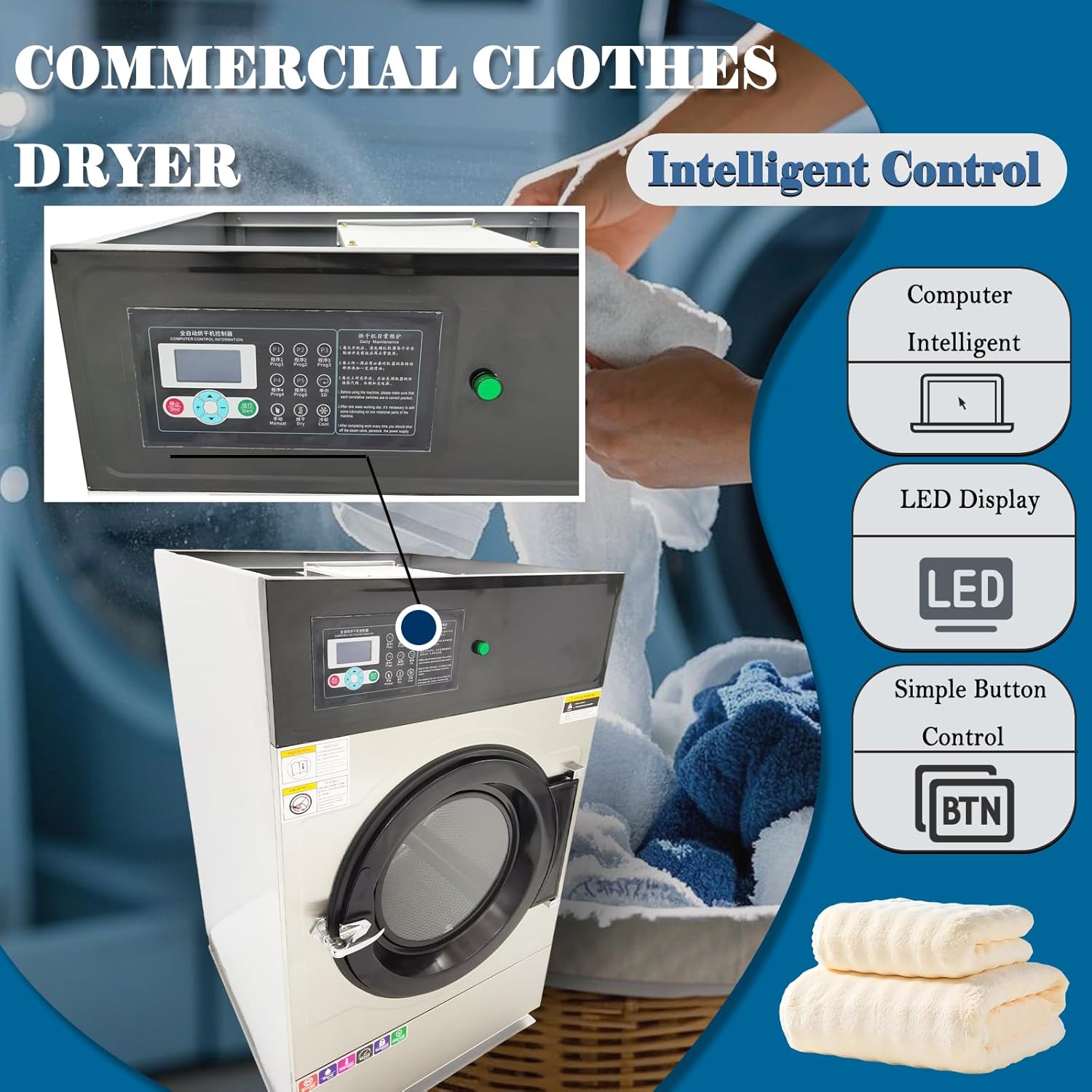 Commercial Clothes Dryer 33LB Heavy-Duty, 8KW Industrial Laundry Dryer,Stainless Steel Drum, with safety lock, Auto-Temperature Control for Hotels/Factories 220V 3PH