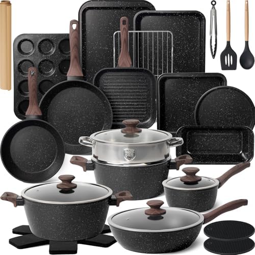 Kikcoin Pots and Pans Set Non Stick 31 Piece Kitchen Nonstick Cooking Cookware Sets with Grill Pan Saucepan Baking Sheet Utensil, Black
