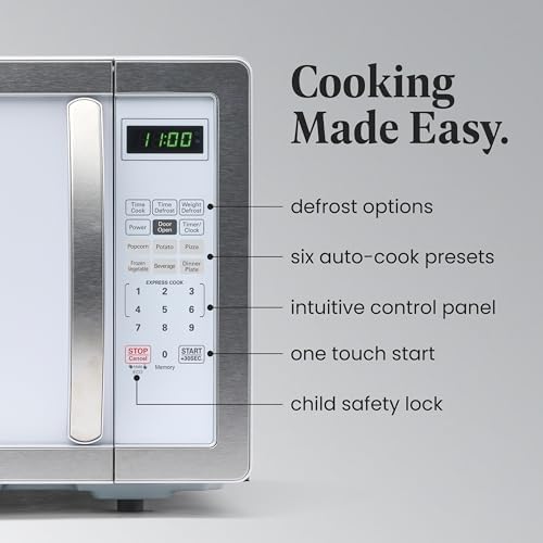 Farberware 1.1 Cu. Ft. Countertop Microwave Oven – 1000 Watts Power, Auto Cook Settings, Defrost, Easy Clean and Child Safety Lock - White Platinum