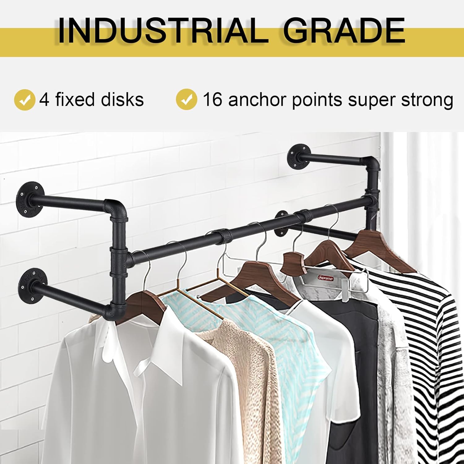 54” Wall Mounted Clothes Rack, Industrial Pipe Black Iron Garment Bar, Heavy-Duty Detachable Clothing Rod, Multi-Purpose Metal Wall display Hanging Pole for Closet Storage, Laundry Room 4 Base