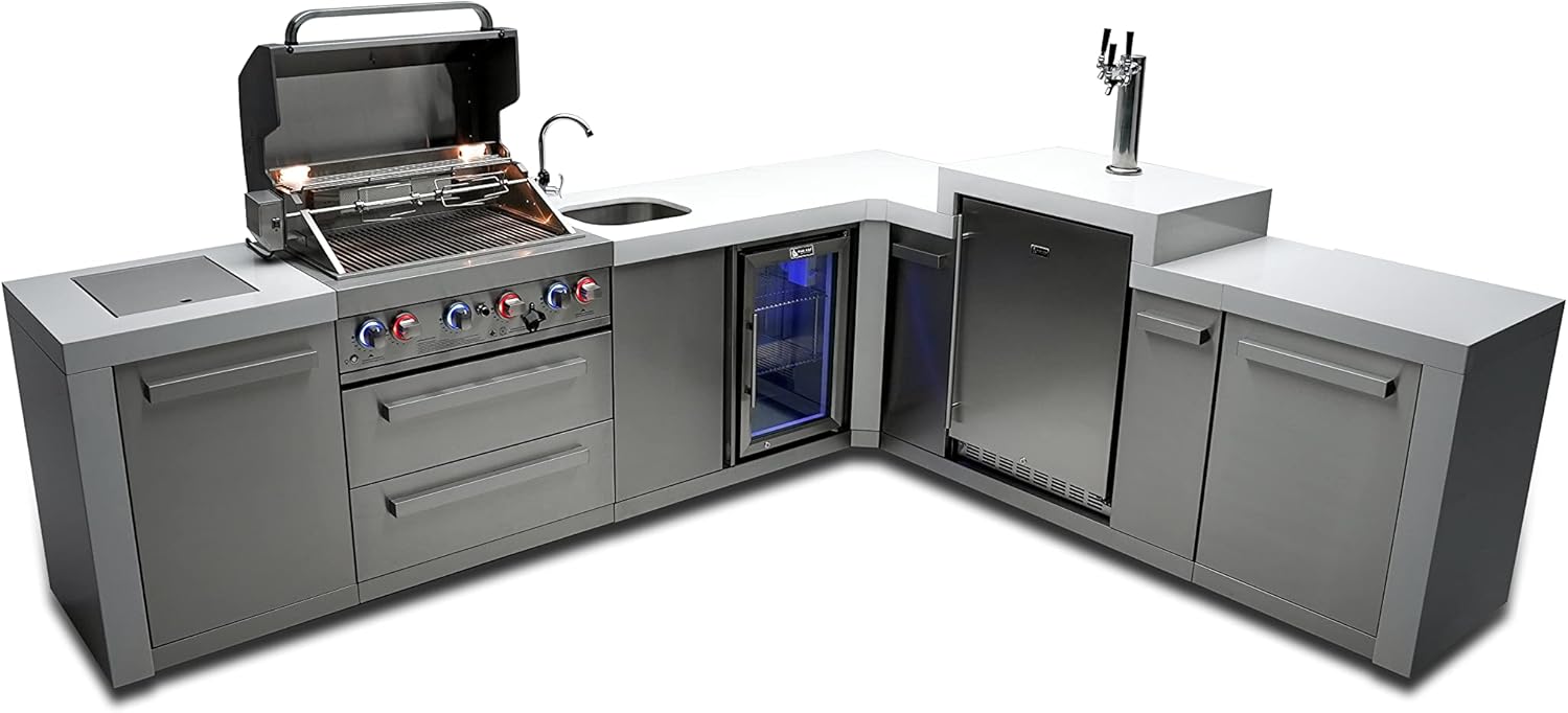 Mont Alpi MAi400-D90KEGBEV 90 Degree 32-Inch 4-Burner 78000 BTU Deluxe Stainless Steel Island Outdoor Kitchen Gas Barbecue Grill with Wine Cooler Beverage Refrigerator & 3 Beer Tap Kegerator Dispenser