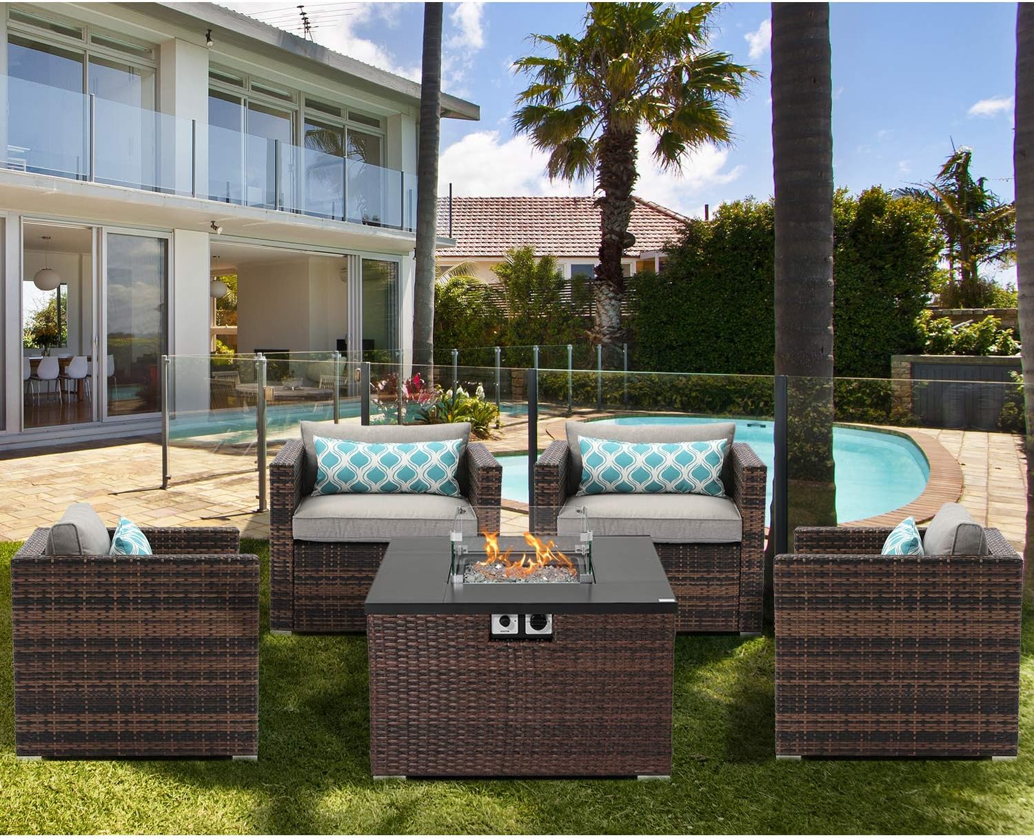 AQUILLA Outdoor 5 Pieces Patio Furniture, 32-inch 40000 BTU Square Wicker Fire Table w Wind Guard Glass for Garden