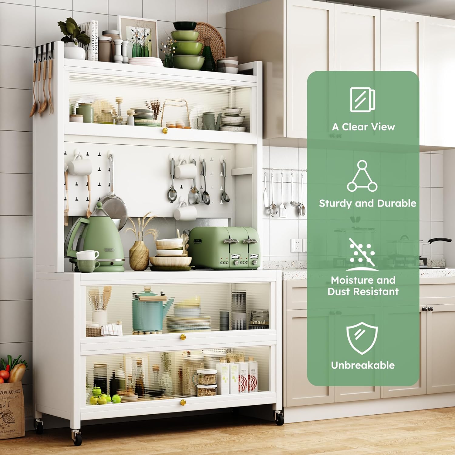 65'' Kitchen Pantry Storage Cabinet, Storage & Microwave Oven Countertop, Pantry Cabinets with 3 Doors and 4 Layers Hole Plate Versatile Storage for Kitchen, Living Room, Dining Room