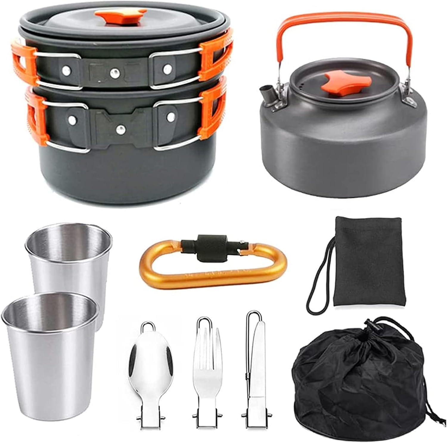 10 Pieces of Camping Cooking Utensils and Sundries Kit, Light Pot with 2 Cups, 2-3 People Teapot Set Pot, Suitable for Outdoor Camping Backpack Hiking Picnic