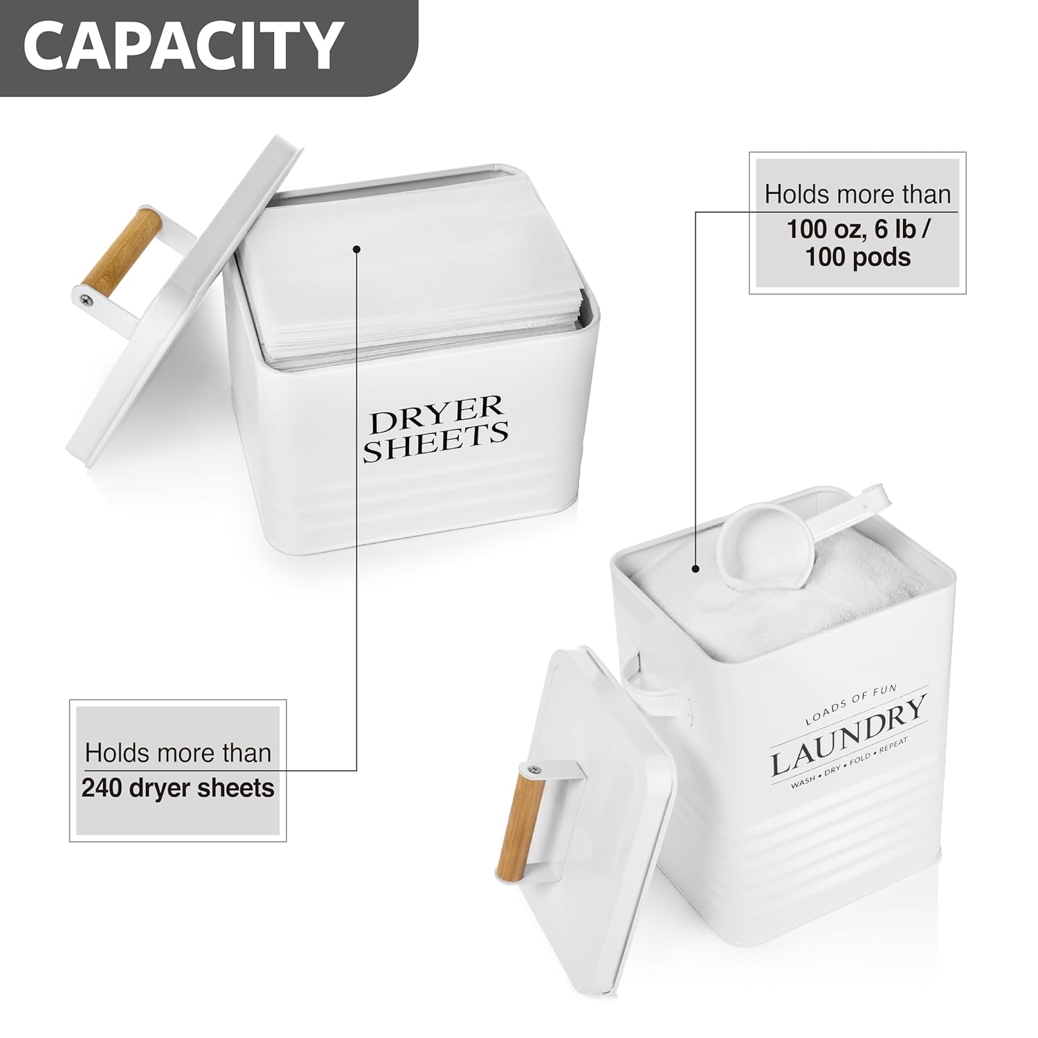 Calindiana Modern Farmhouse Laundry Storage Bin, Dryer Sheets Holder & Powder Pods Container Bundle, White, Tin & Wood, 7.3L, Indoor, Laundry Room Organization