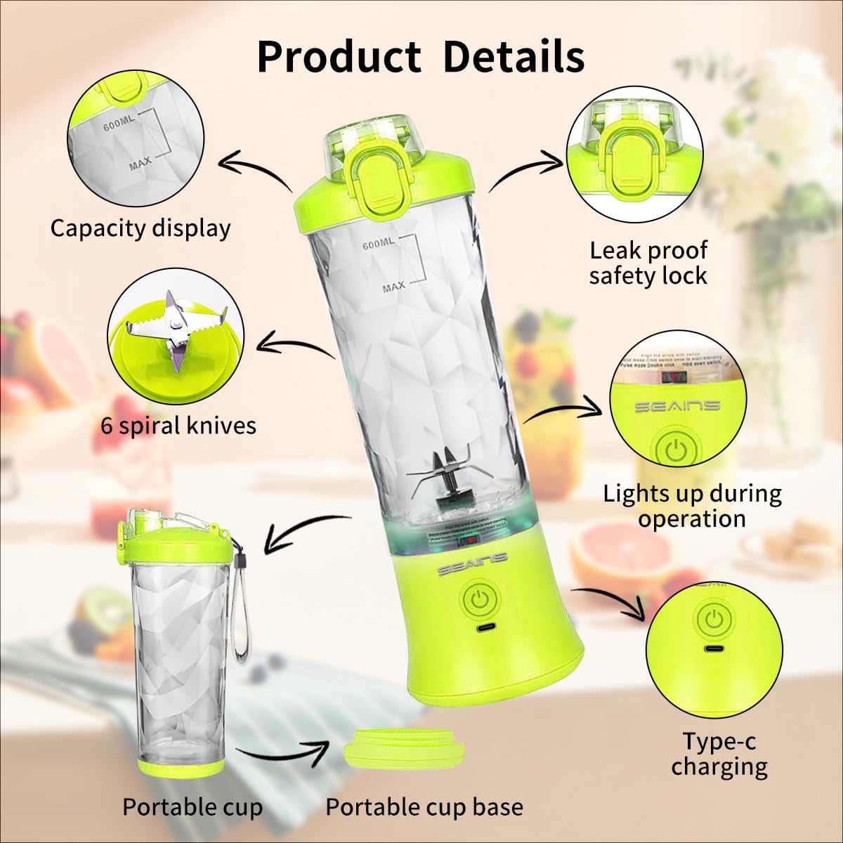 Portable Blender for Shakes and Smoothies With 20 Oz Travel Cup and Lid, Mini Personal Size With 6 Blades, USB Rechargeable for Gym, Kitchen and Outdoors (Yellow)