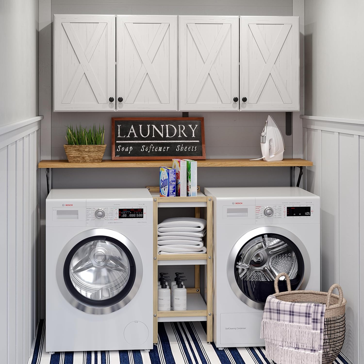 Wall Storage Cabinets - Farmhouse Kitchen Laundry Wall Mounted Cabinets with 4 Doors and Shelves, in White with Grain, 24'Wx2Pcs