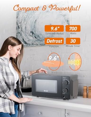 Commercial Chef 0.6 Cu. Ft. Countertop Microwave Oven, Mechanical Dial Controls, 700W, Pull Handle Door, 6 Power Levels, CHM660B, Black