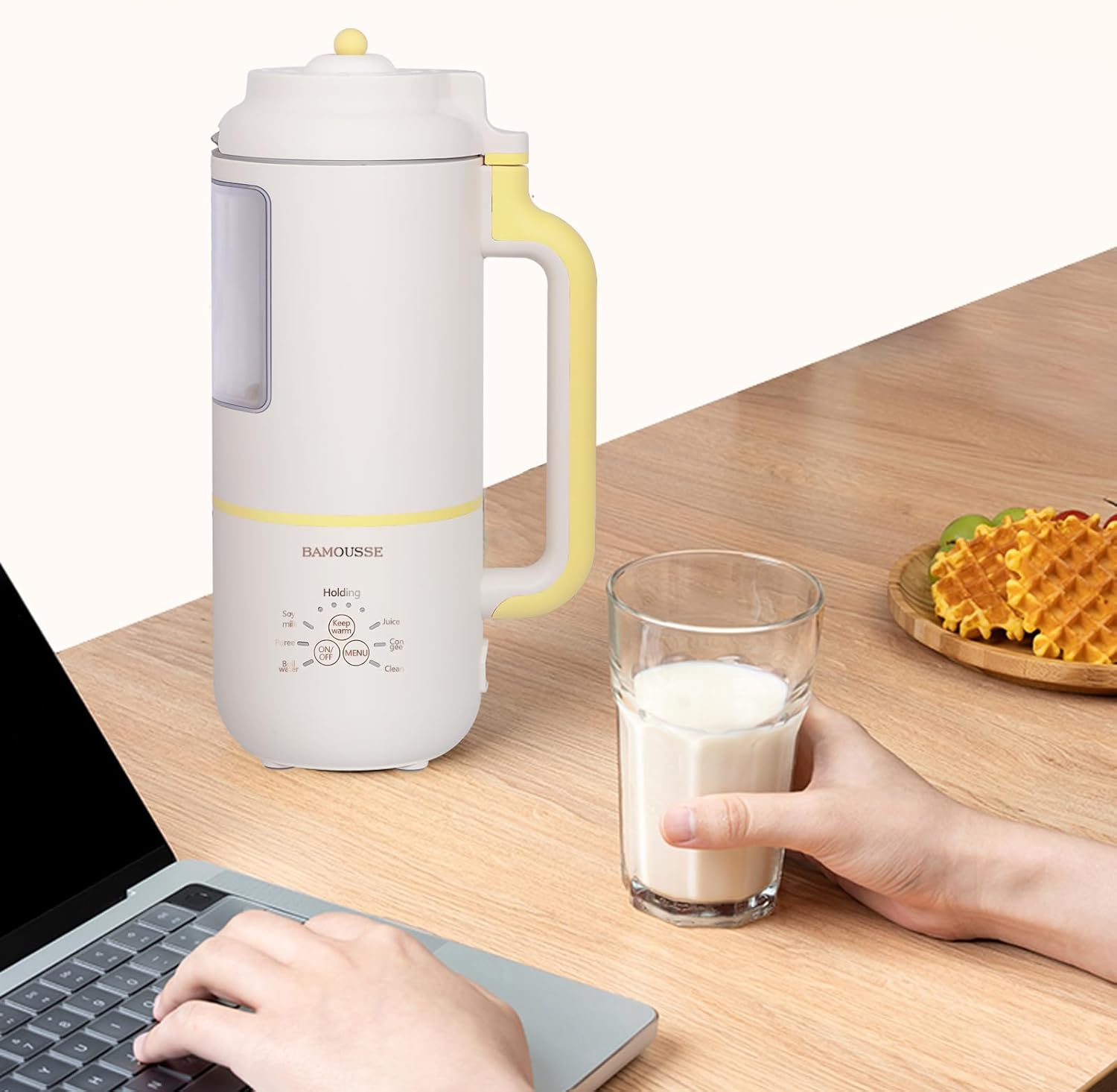 Bamousse Electric Oat Milk Maker, White, Automatic Plant Based Milk Machine, Countertop Blender with Display Window