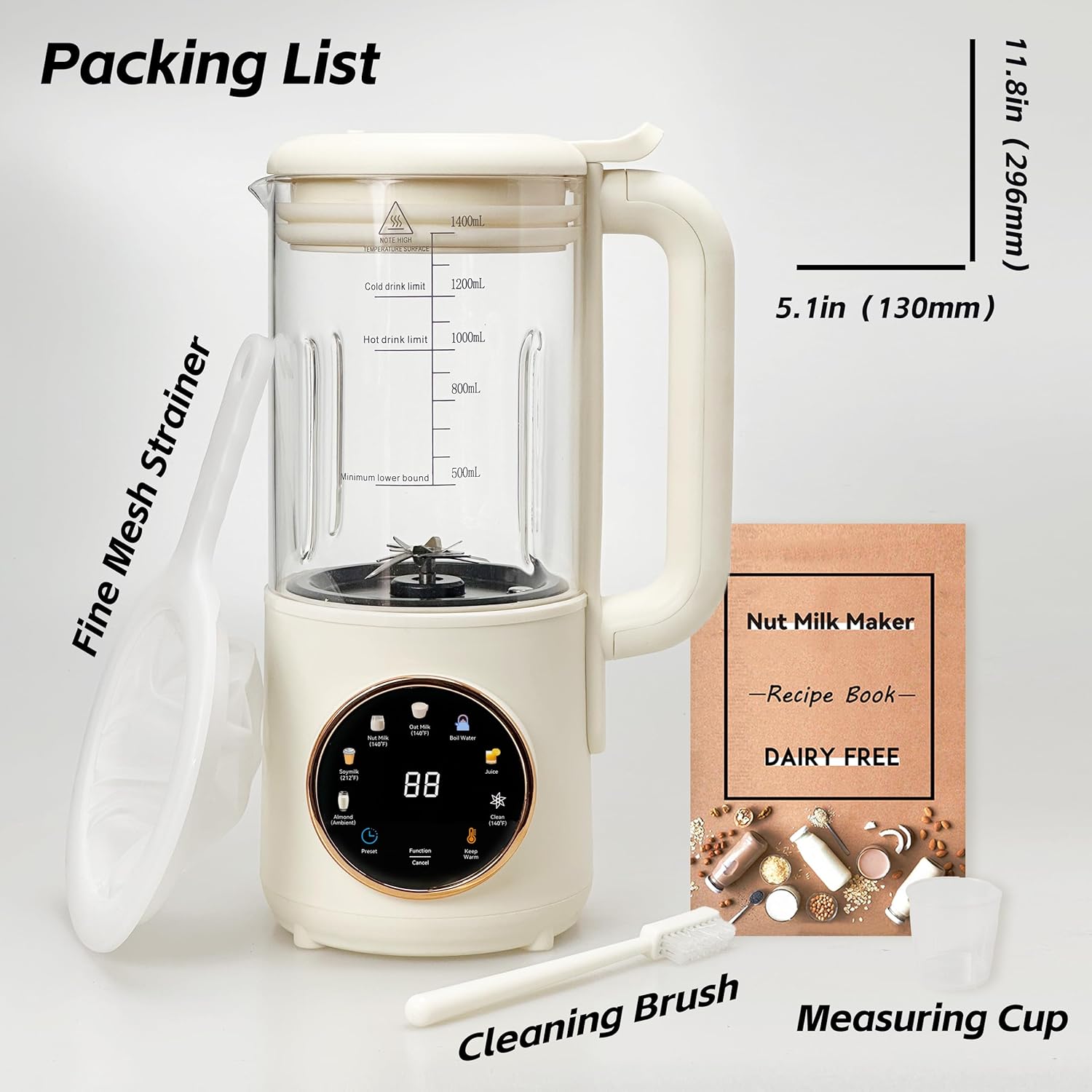 8 in 1 Nut Milk Maker Machine, 48oz Homemade Almond, Oat, Soy, Coconut, Plant-Based and Non-Dairy Beverages with Self-Cleaning, Boil Water, Delay Start, Keep Warm, 16 Blade Blender, Glass Jar