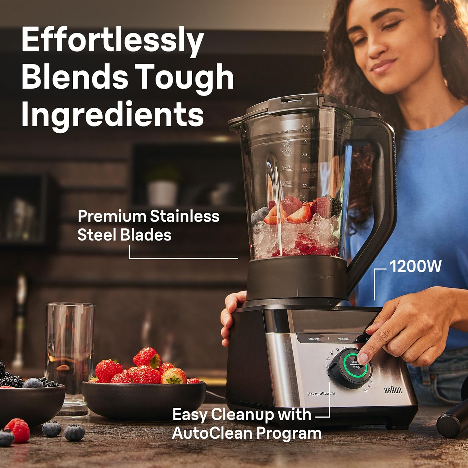 Braun TriForce Power Blender - Powerful 1200 Watt Countertop Blender with 10 Manual Speeds, 3 Texture & 3 Food Settings, Stainless Steel Blades for Effortless Emulsifying, for Smoothies, Purees & More