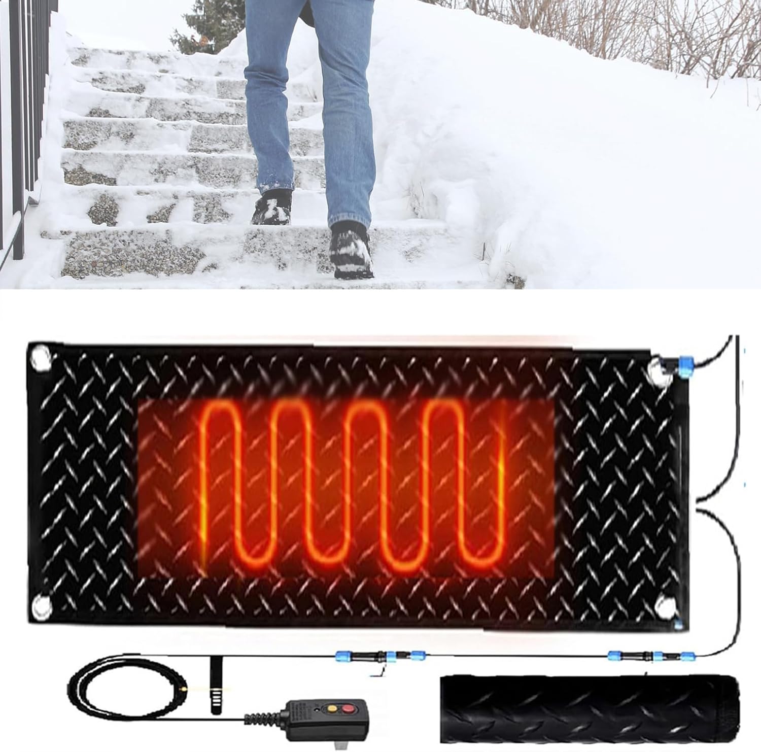 Heated Snow Melting Mats for Walkways 1/2/3/4/5 pcs Residential Heated Outdoor Mats - w/Power Cord, Slip-Proof Design for Extra Traction, Winter Outdoor Snow(1 Pcs,10x48in/(25.4x121.9 cm))