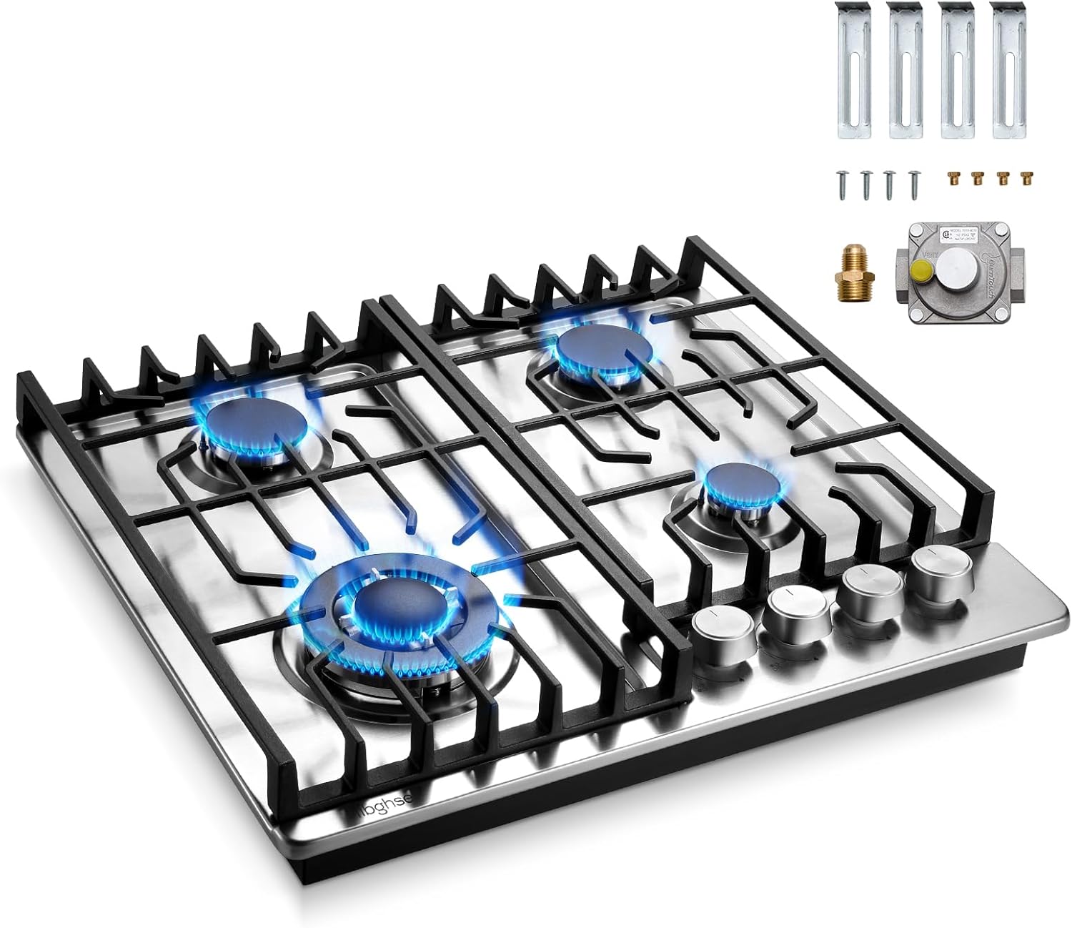 24 inch Gas Cooktop, Bulit-in 4 Burners Gas Stove Stainless Steel Stove Top with Thermocouple Protection, LPG/NG Convertible Propane Cooktops