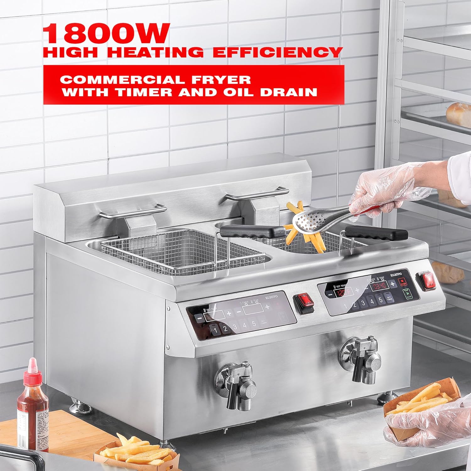 EGGKITPO Induction Fryer 24L Dual Tank Deep Fryer with Basket and Lid Countertop Electric Fryer with Timer and Oil Drain Stainless Steel Commercial Fryer for Large Restaurant and Business 120V 3600W