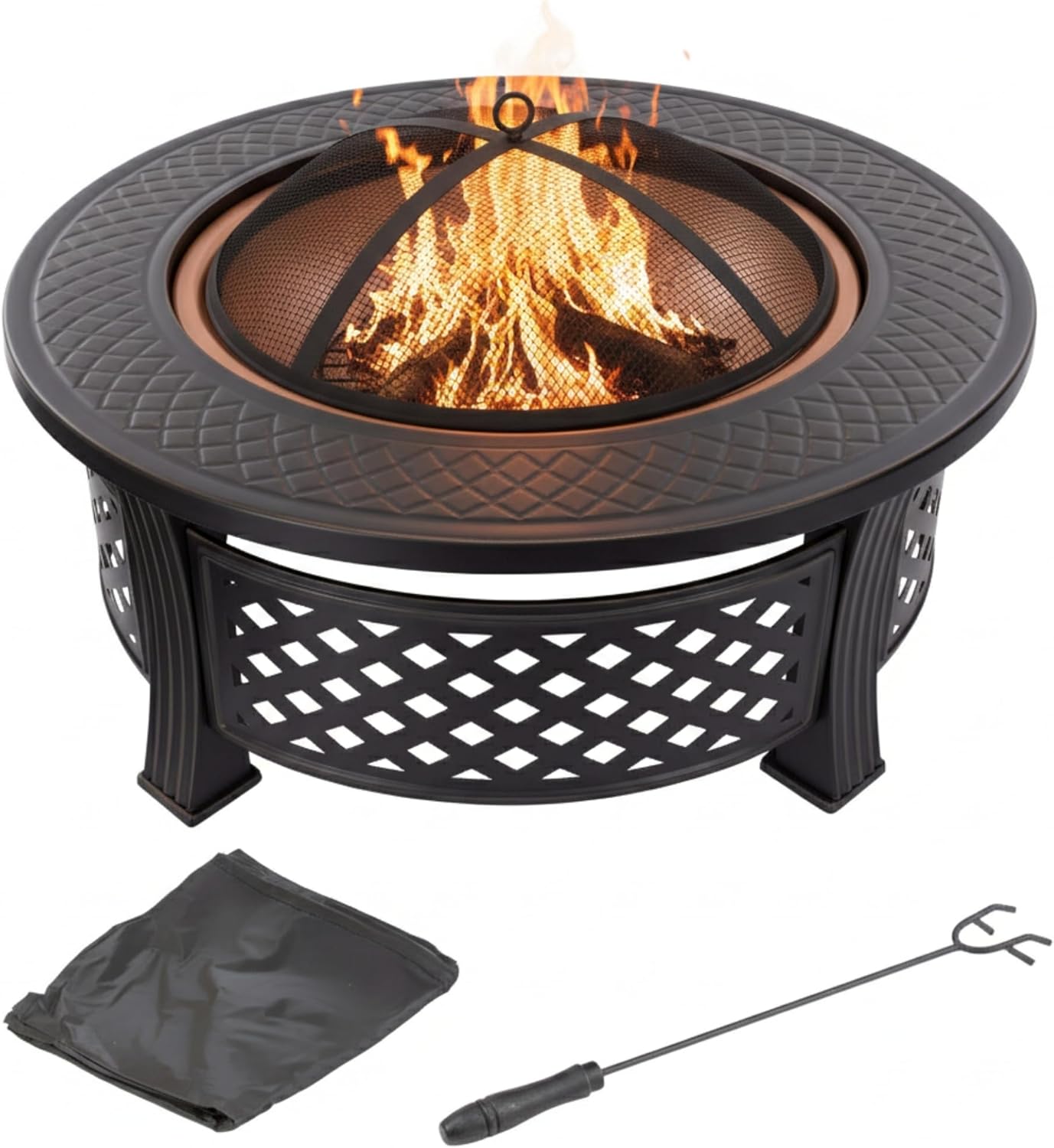 Fire Pit - 32-Inch Outdoor Fireplace with Spark Screen, Poker, and Cover - Wood-Burning Fire Pit for Yard, Patio, or Camping by Pure Garden (Bronze)