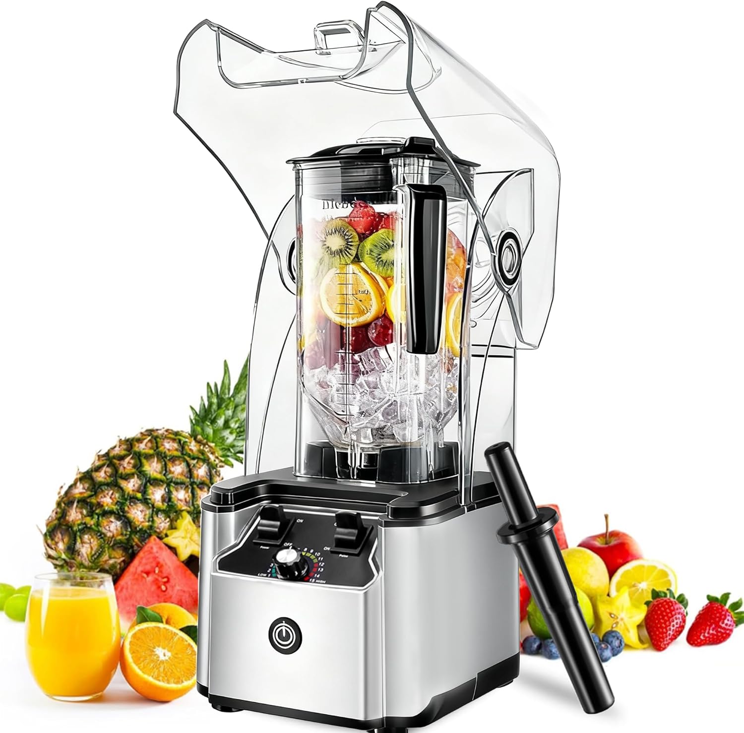 Commercial Blender for Smoothies 2200W With Soundproof Cover, 2200 ML, 15 Speeds, 6-leaves Stainless Steel Blade,Heavy Duty Blender for Restaurant,Ice Crush,Shakes, 9.5