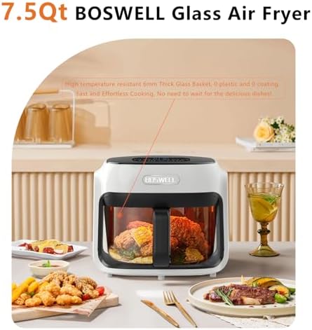 BOSWELL Glass Air Fryer, 7.5QT with Transparent Fry Bowl, Circulating Heating, Temperature Control, Air Fryer Roast, Dishwasher Safe (white)