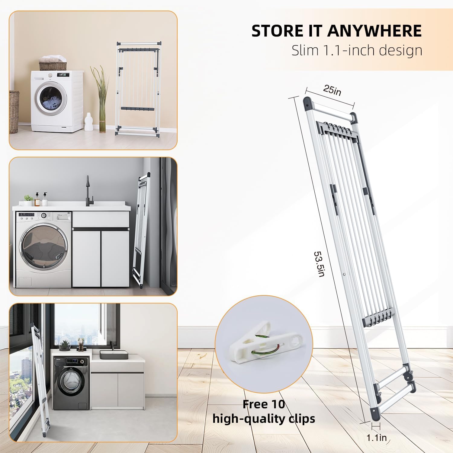 Clothes Drying Rack, Foldable Laundry Rack for Indoor Outdoor, 10pcs Sock Clips, Collapsible Space-Saving Drying Rack for Clothes Towels Dolls, White (Gray)