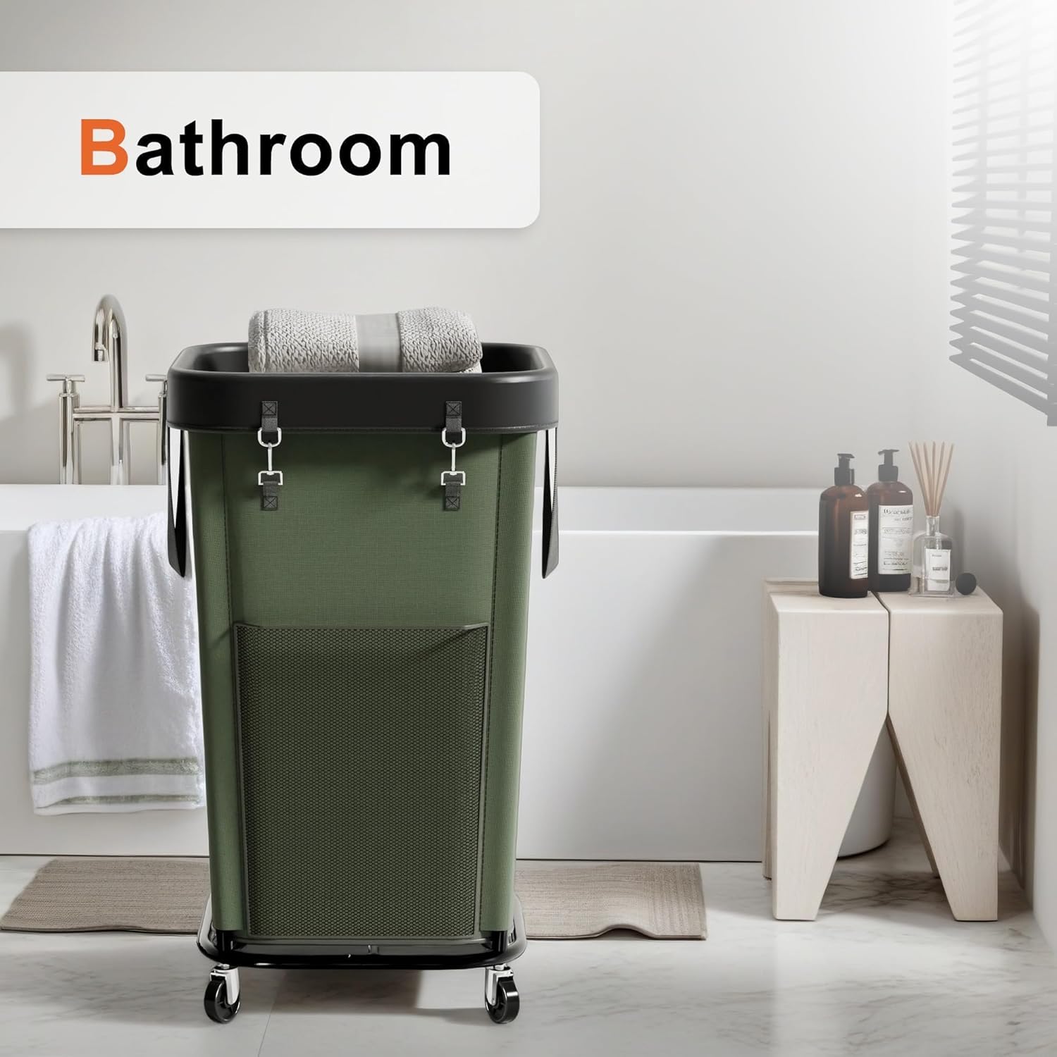 Laundry Hamper Laundry Basket with Wheels, Large Capacity Dirty Clothes Basket with Wheels, Suitable for Bedrooms, Bathrooms and Laundry Rooms (Green, 160L)