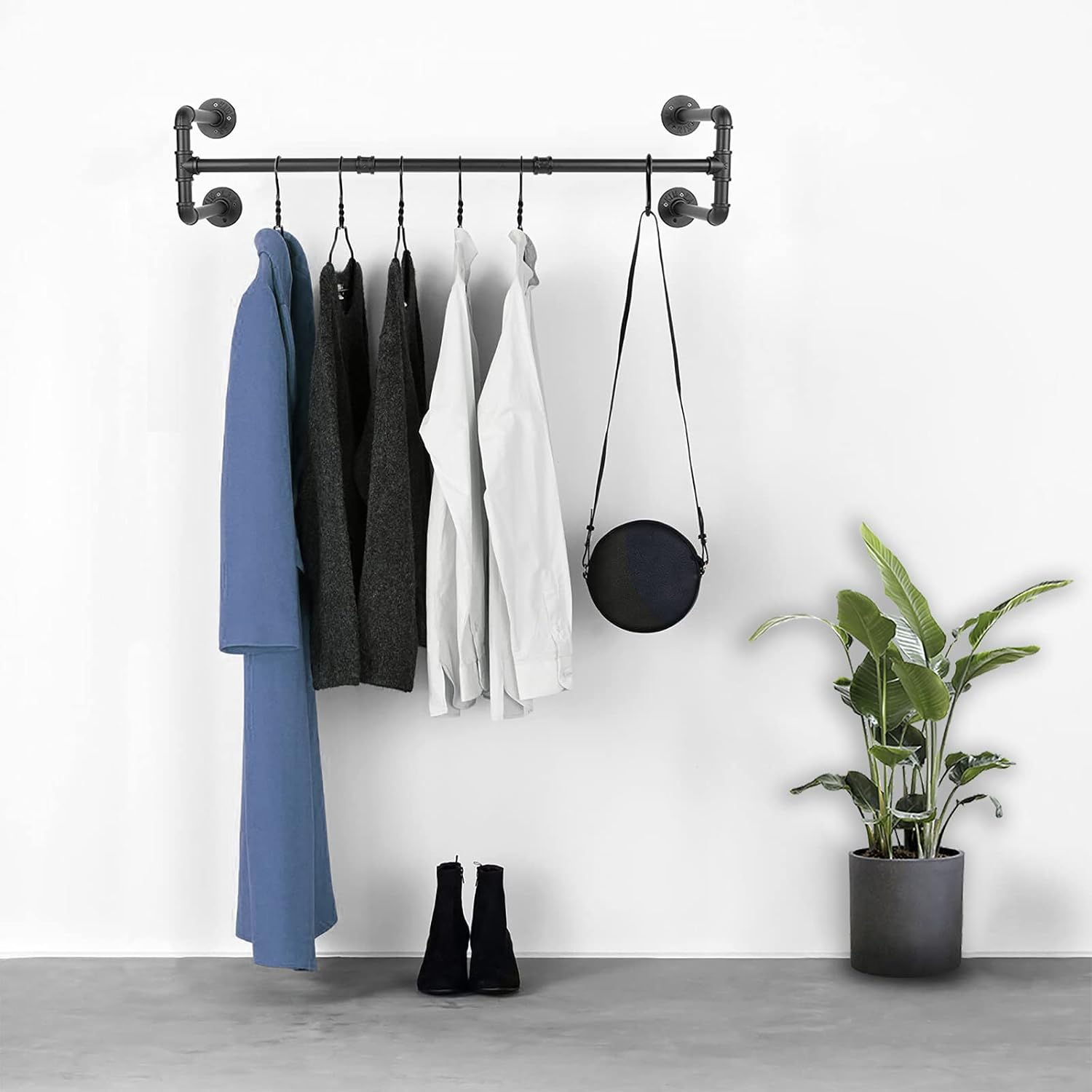54” Wall Mounted Clothes Rack, Industrial Pipe Black Iron Garment Bar, Heavy-Duty Detachable Clothing Rod, Multi-Purpose Metal Wall display Hanging Pole for Closet Storage, Laundry Room 4 Base