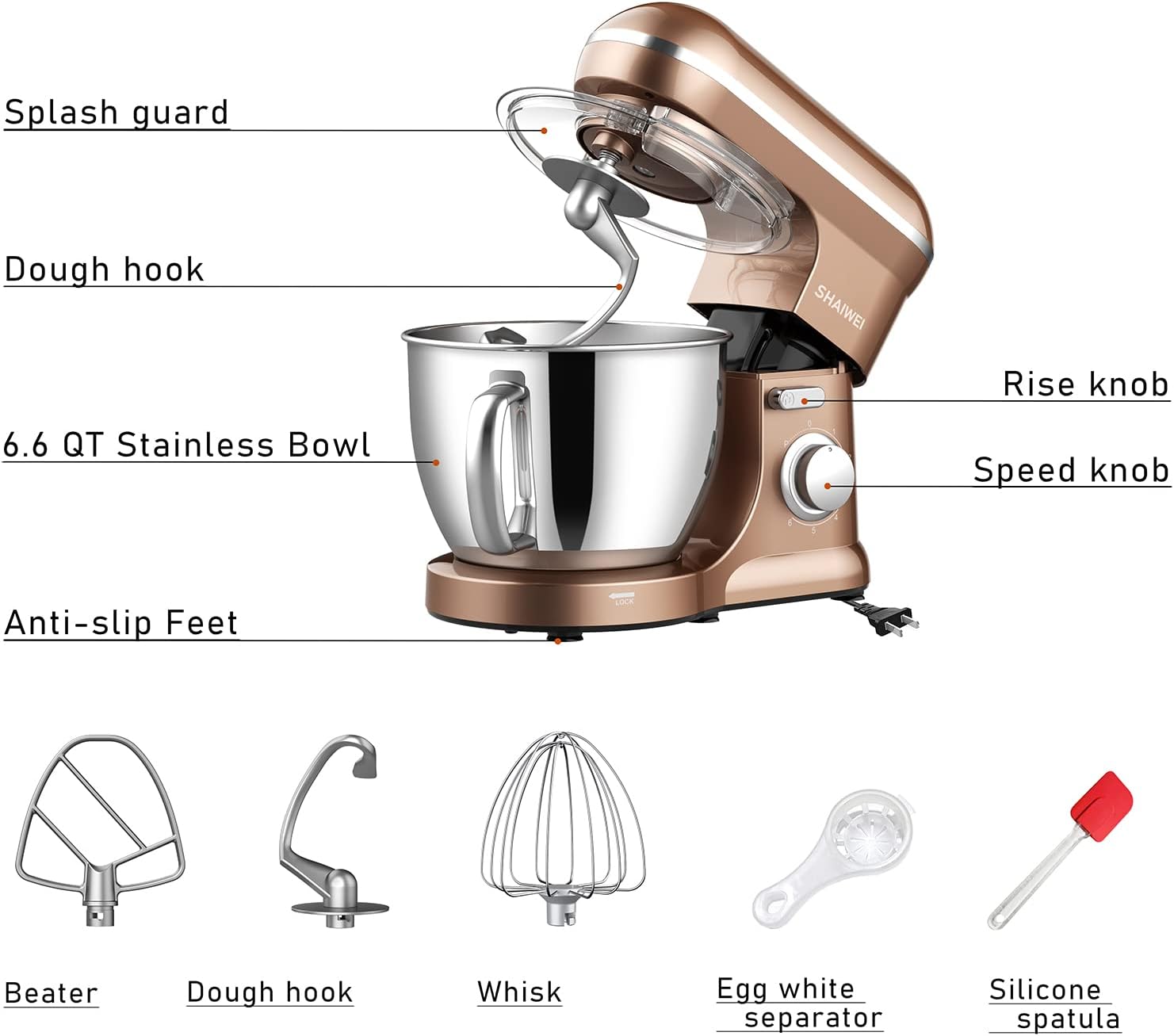 Kitchen Stand Mixer, 6.5 Quart, 6 Speed Tilt-Head Kitchen Mixer, Electric Food Mixer with Dough Hook, Wire Whip, Beater, Gold
