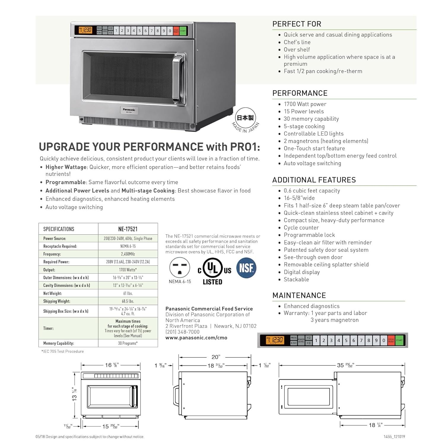 Panasonic PRO1 Commercial Microwave Oven, Heavy Duty, .6 cu ft 1700W, 5-Stage Cooking, LCD Display, Stainless Steel, Programmable, NSF & UL Approved - NE-17521