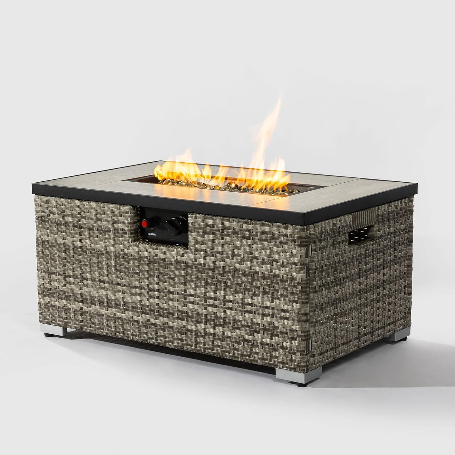 32 Inch Propane Fire Pit Table: Modern Wicker Design with 50000 BTU Heating & Storage Stool - Outdoor Gas Fire Table for Vacation Rental Gardens & Patio Decor W853P202196