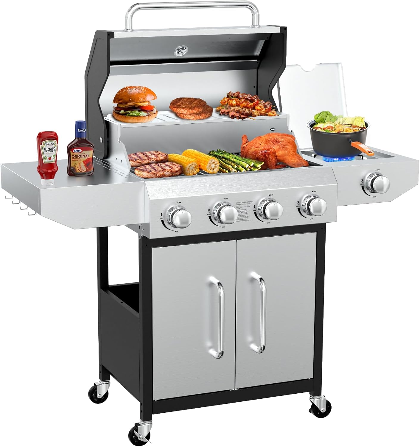 BESTFIRE 60,000 BTU 4+1 Burner Propane Gas Grill - 647 sq. inches Stainless Steel Outdoor BBQ with Porcelain-Enameled Cast Iron Grates, Side Burner & Storage Cabinet for Patio and Backyard Cooking