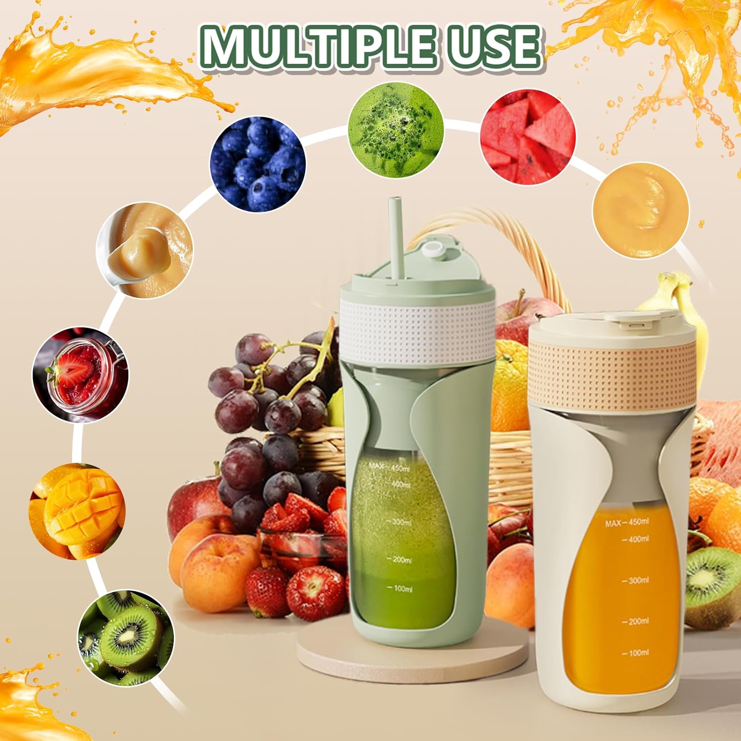 Portable Blender Cup- 450ml Multi-Function Blender with Ice-Crushing,Strong Cutting Power with 6 Blades, BPA Free, USB-C Rechargeable,Fruit Veggie Juicer Cup for Home, Sport, Office, Camping