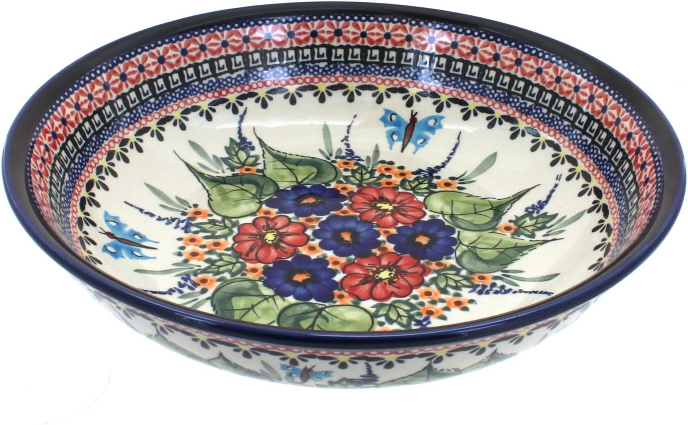 Blue Rose Polish Pottery - Red Floral Butterfly Large Salad Bowl - 9.75