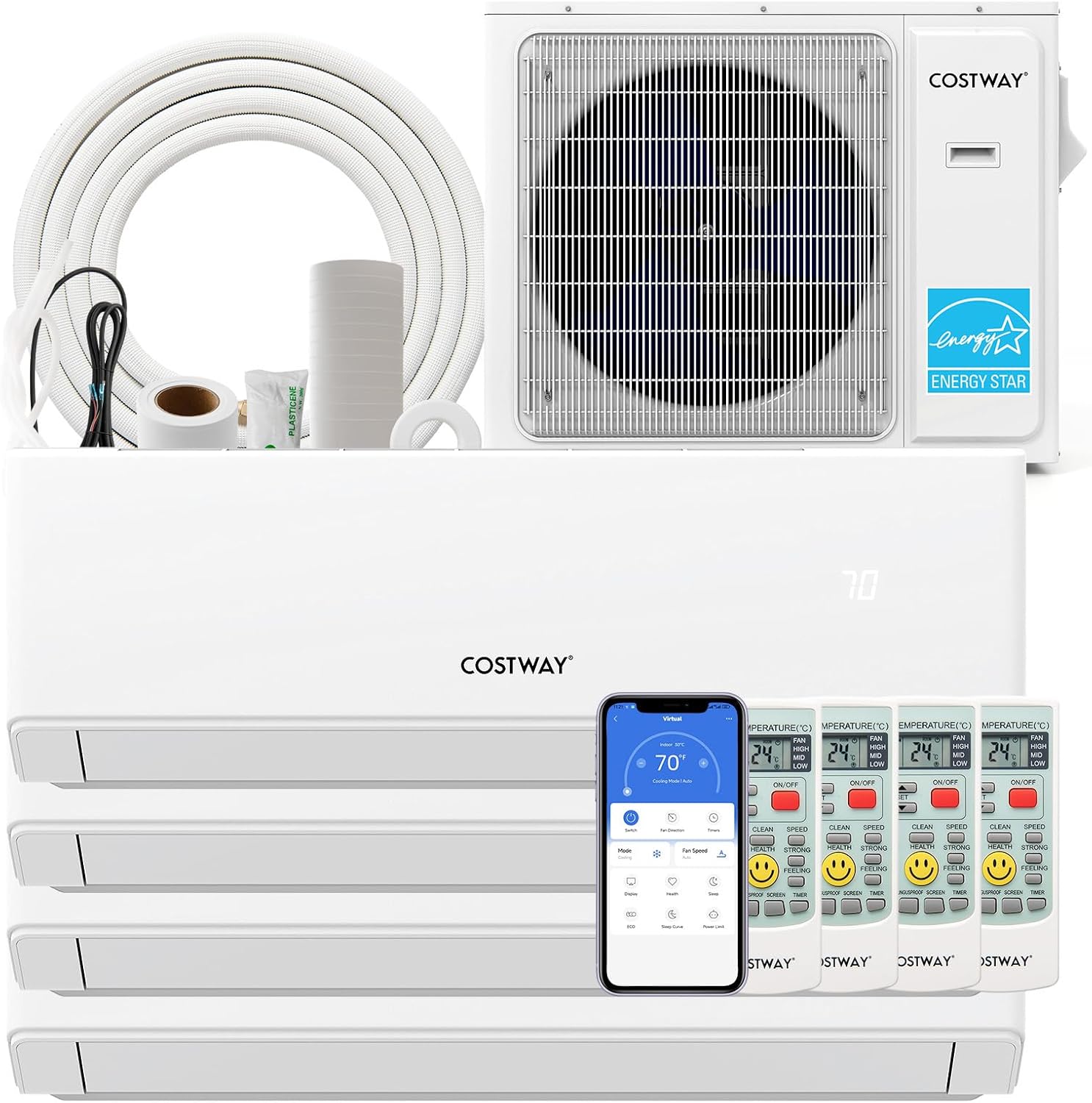 COSTWAY 30k Quad 4 Zone Mini Split Air Conditioner, 23 SEER2, 7k+7k+7k+7k BTU, 208-230V, Wifi Enabled Multi Zones Mini Split AC Heat Pump Full Set, Ductless Energy Star